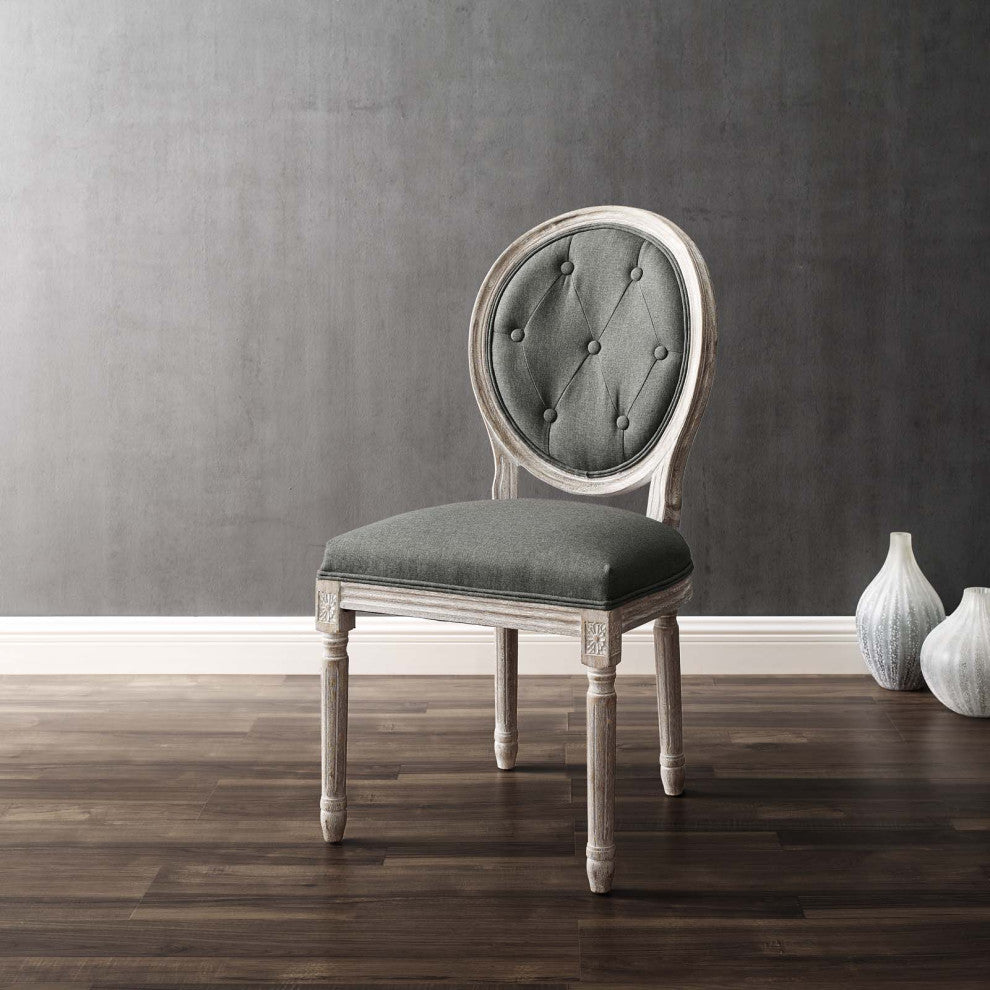 French Vintage Side Dining Chair, Fabric, Wood, Brown Natural Gray, Modern