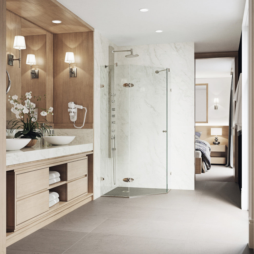 VIGO Verona 36"D x 36"W x 73"H Frameless Hinged Neo-Angle Shower Enclosure, Brushed Nickel, Without Base