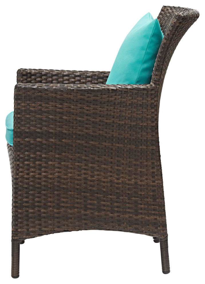 Side Dining Chair and Table Set, Rattan, Wicker, Brown Blue, Modern, Outdoor