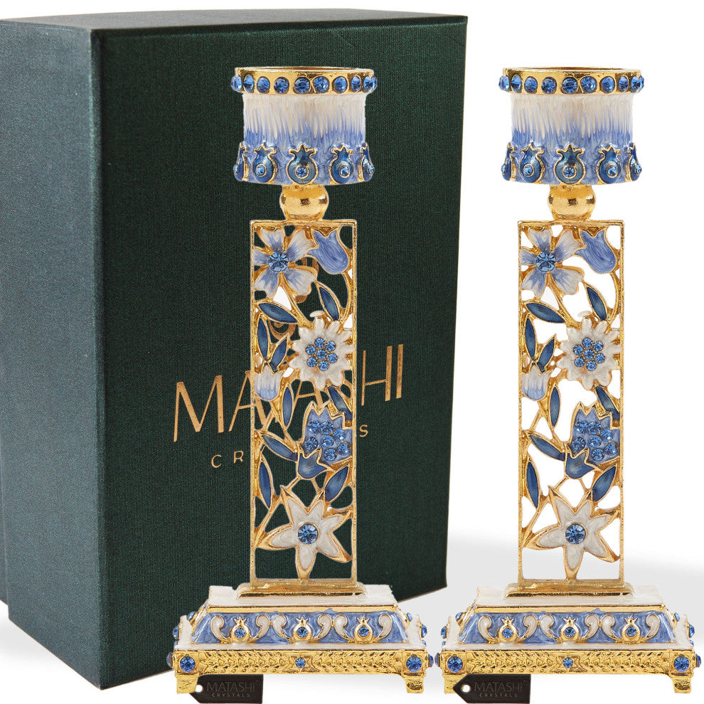 Matashi Shabbat Candlestick Holder (2-Piece Set) Hand-Painted,  Pewter(Blue)