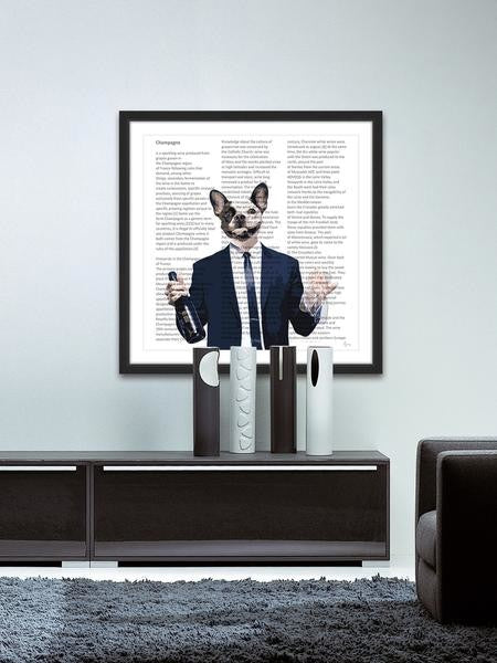 "Frenchie With Wine Bottle" Framed Painting Print, 18"x18"