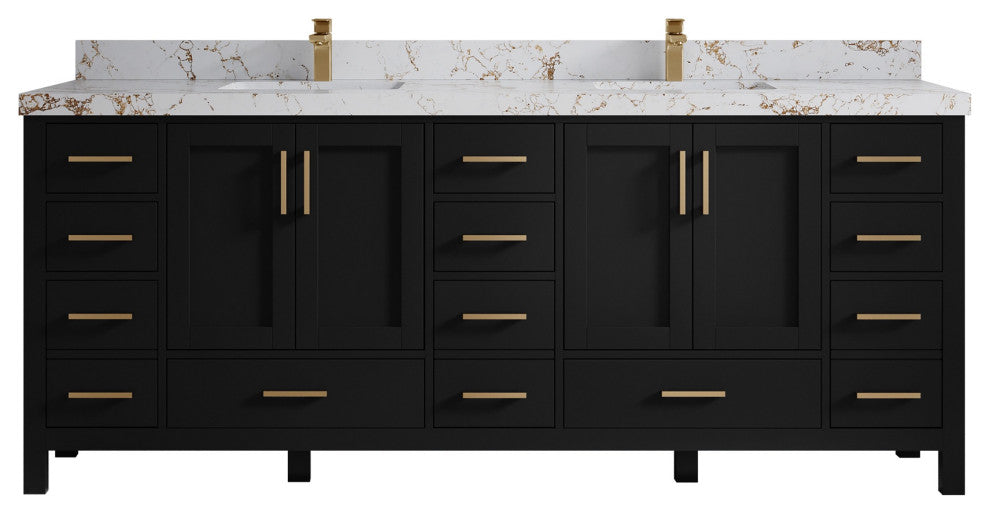 Malibu 84" Double Sink Bath Vanity in Black 2" Viola Gold