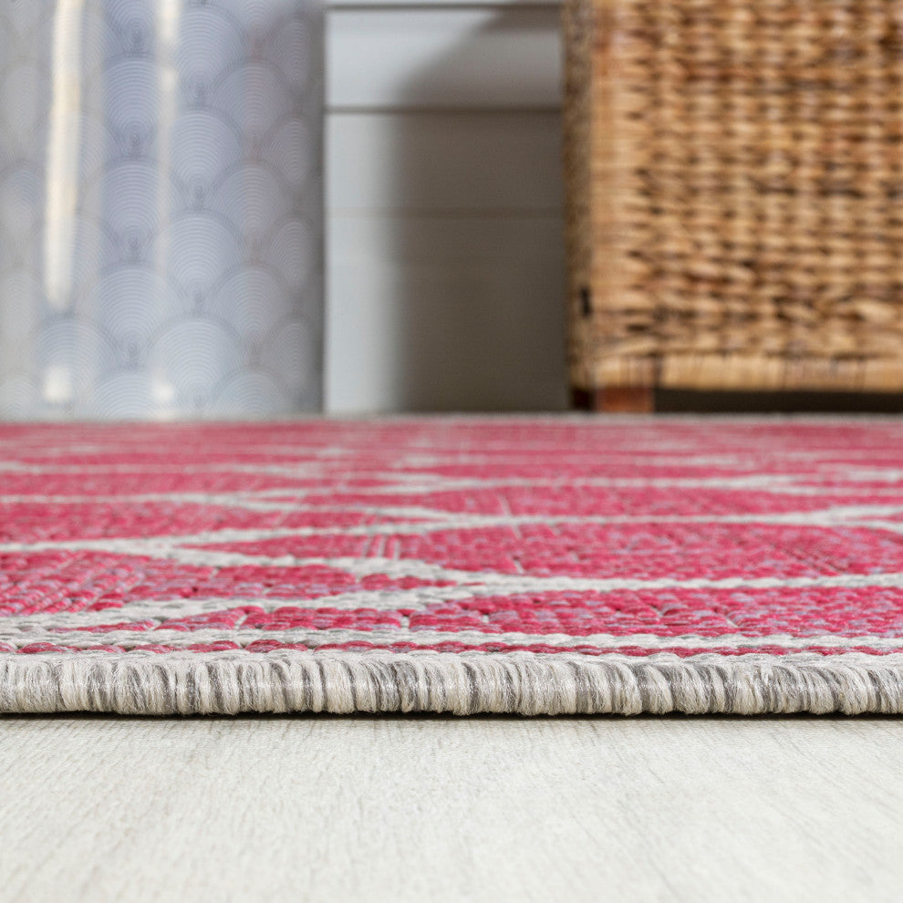 Trebol Moroccan Trellis Textured Weave Indoor/Outdoor, Fuchsia/Light Gray, 2x10