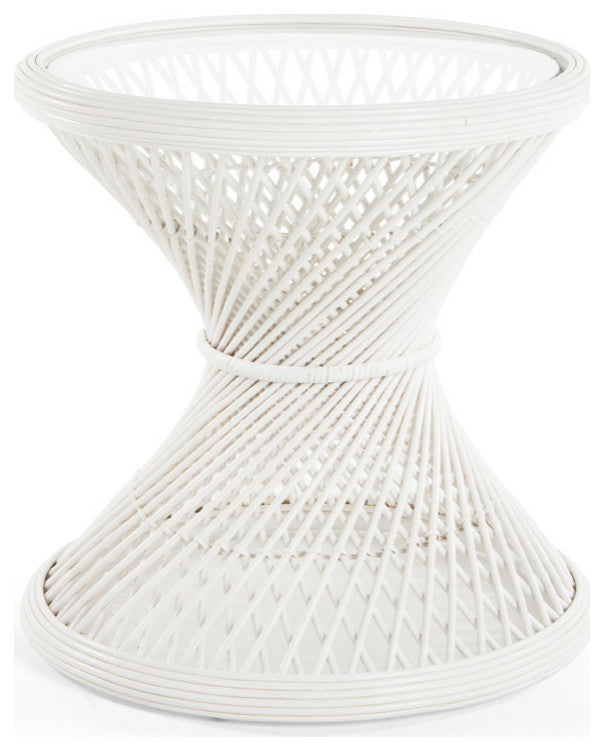 Peacock Rattan Side Table With Glass Top, White