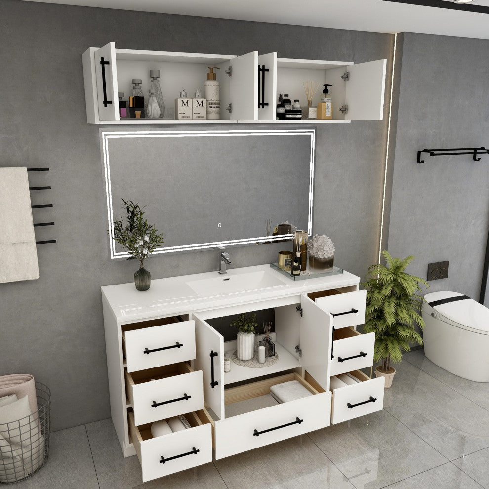 Victoria 60" Solid Wood Vanity Single Sink, Overhead Cabinet, Glossy White