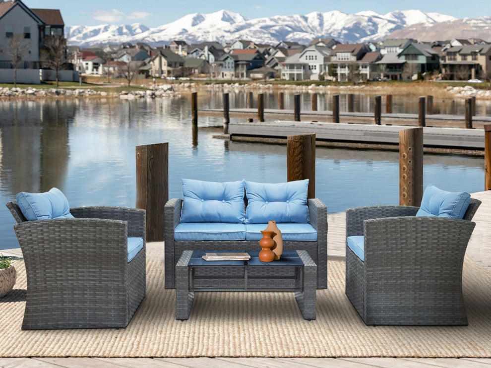 Roatan 4-Piece Light Gray Wicker Outdoor Conversation Set with Cushions