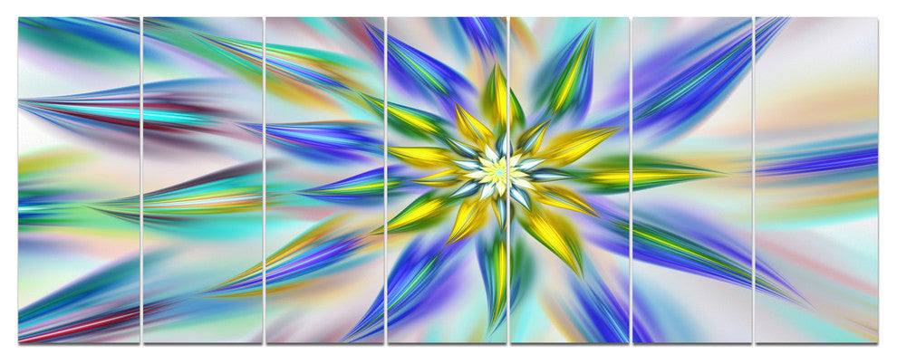 Dancing Blue Fractal Flower, Floral Canvas Art Print, 83"x32", 7 Panels