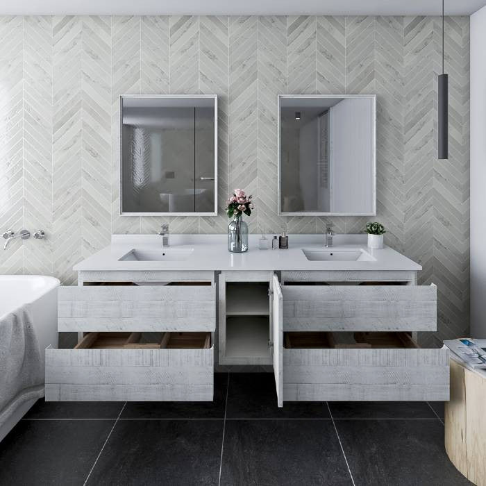 Fresca Formosa Modern 72" Rustic White Double Sink Vanity, Faucet Fft9161bn