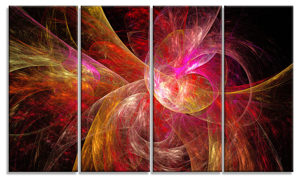 Pink on Black Fractal Illustration, Abstract Canvas Art Print, 48"x28", 4 Panels