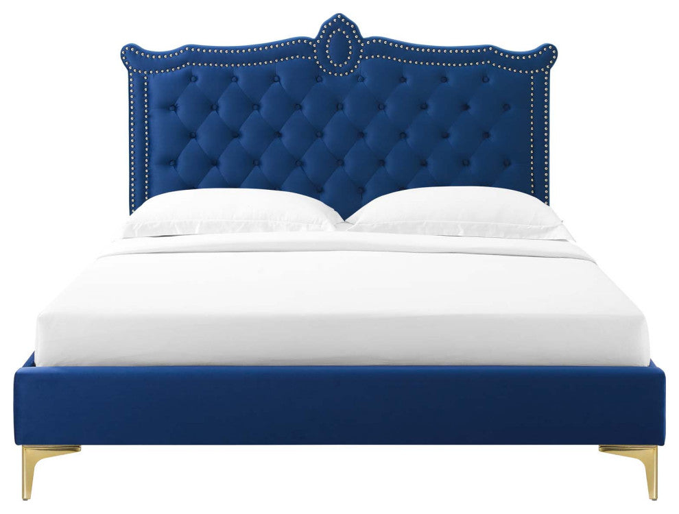 Platform Bed Frame, Nailhead, Queen Size, Blue Navy, Velvet, Modern
