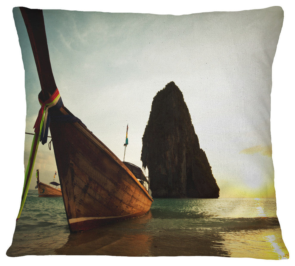 Tropical Beach With Huge Boat Seashore Throw Pillow, 16"x16"