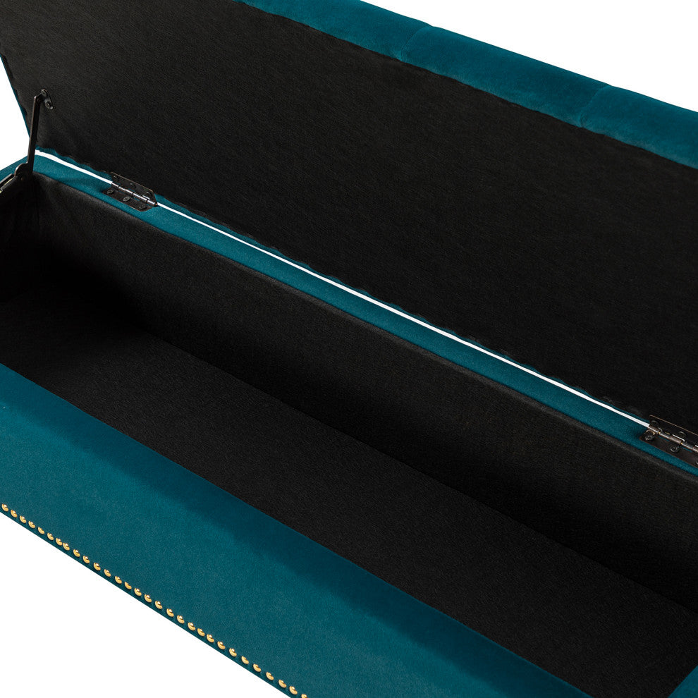 Button-tufted Storage Bench with Nailhead Trim, Teal