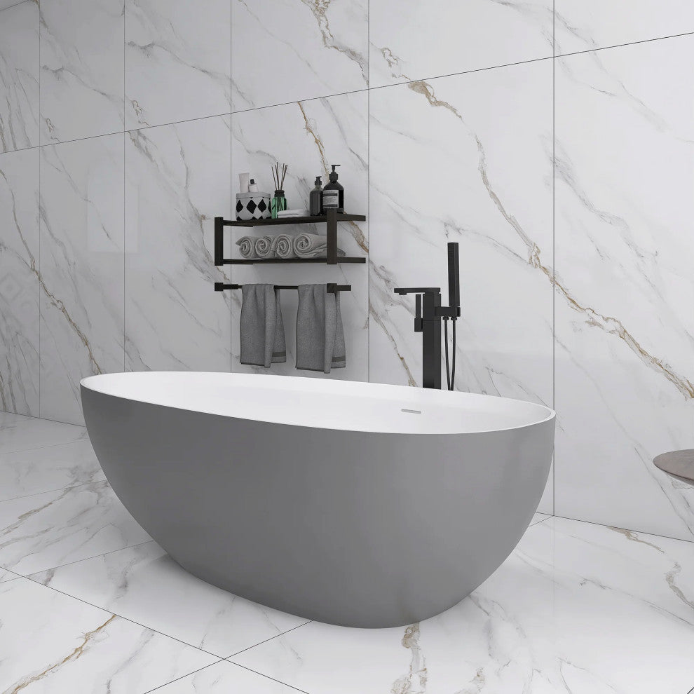 Solid Surface Freestanding Soaking Bathtub, Drain, White/gray