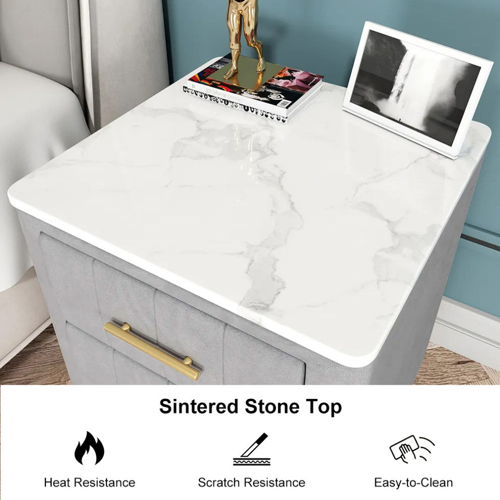 Modern Nightstand Gray Velvet Upholstered Bedside Table 3 Drawers With Stone Top