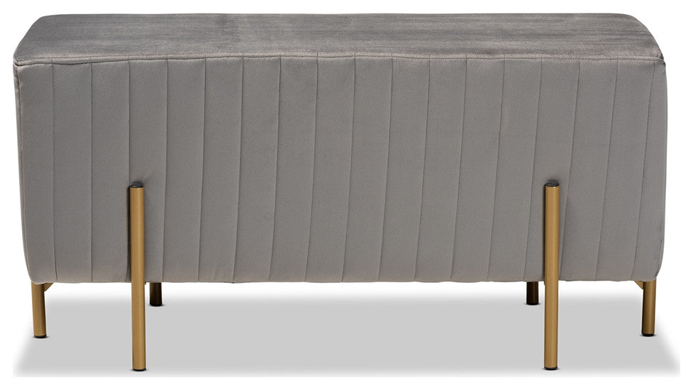Contemporary Glam and Luxe Gray Fabric Upholstered Gold Metal Bench Ottoman