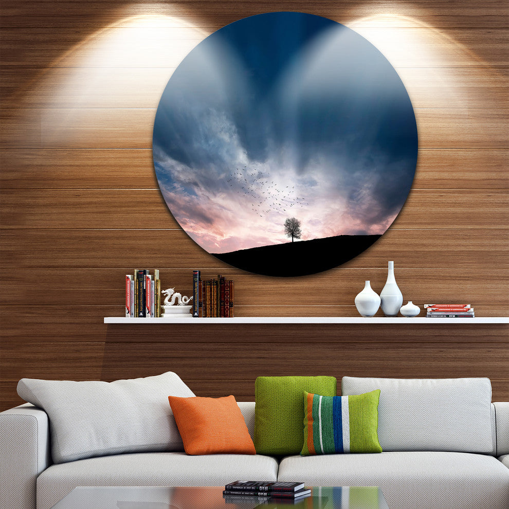 Flock Of Birds And Lonely Tree, Large Disc Metal Artwork Landscape, 11"