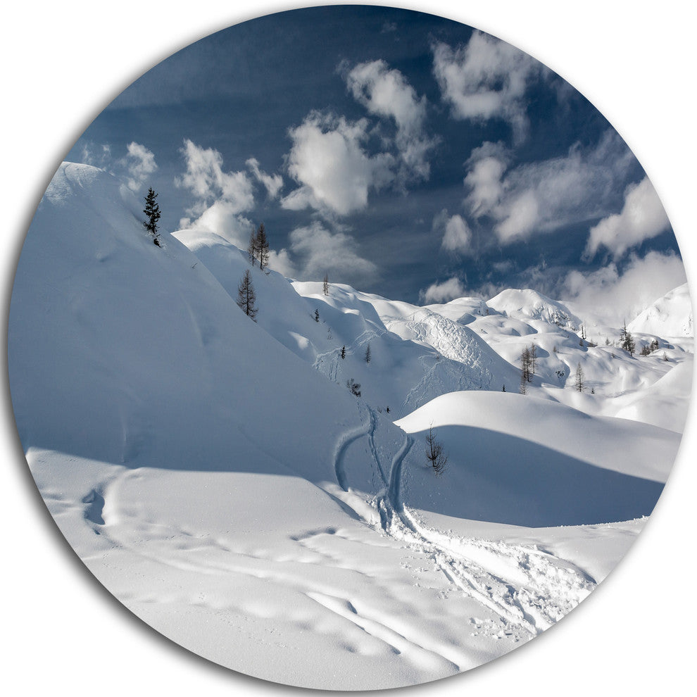 Ski Tracks On A Slope, Landscape Photo Disc Metal Wall Art, 11"