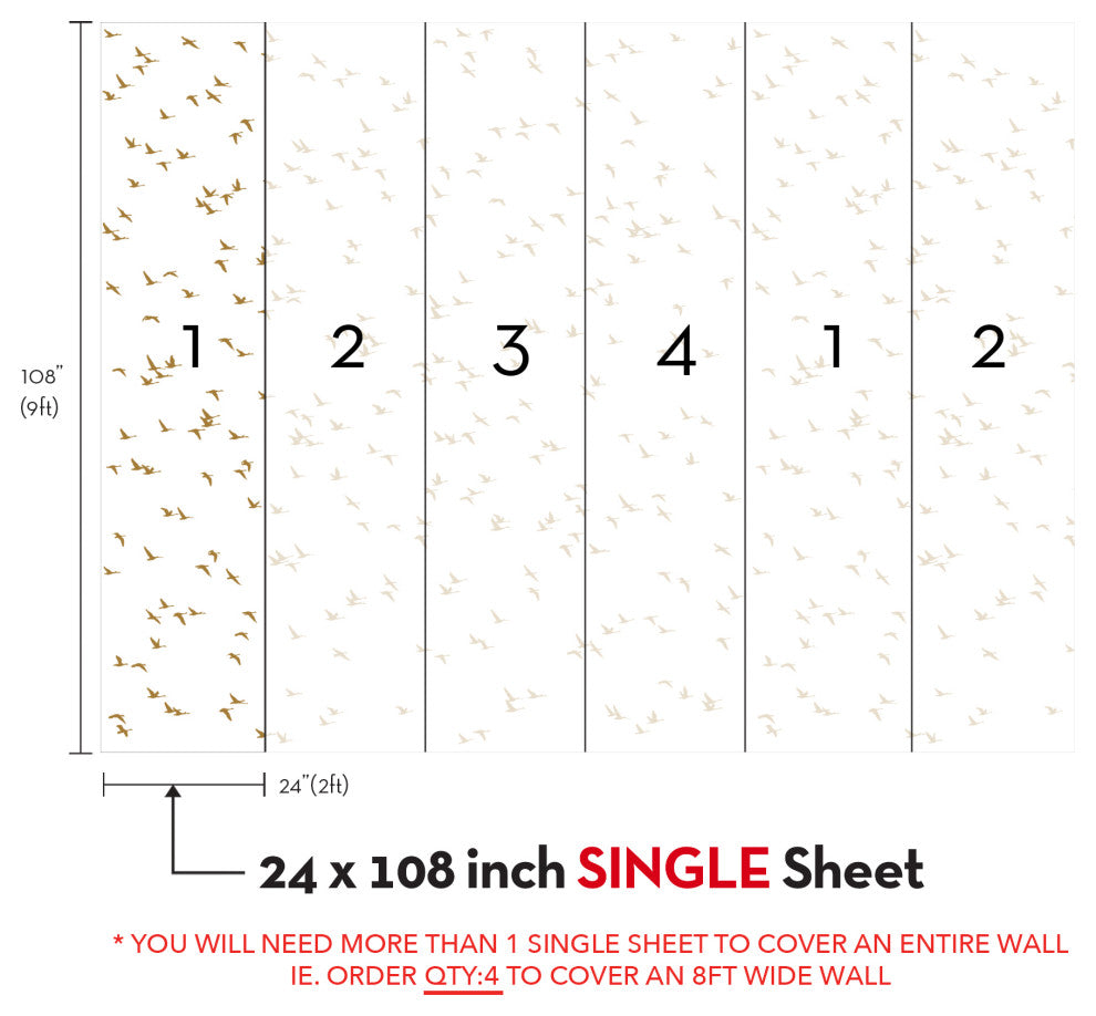 Soaring Birds Peel and Stick Vinyl Mural, Gold, 24"x108", Single