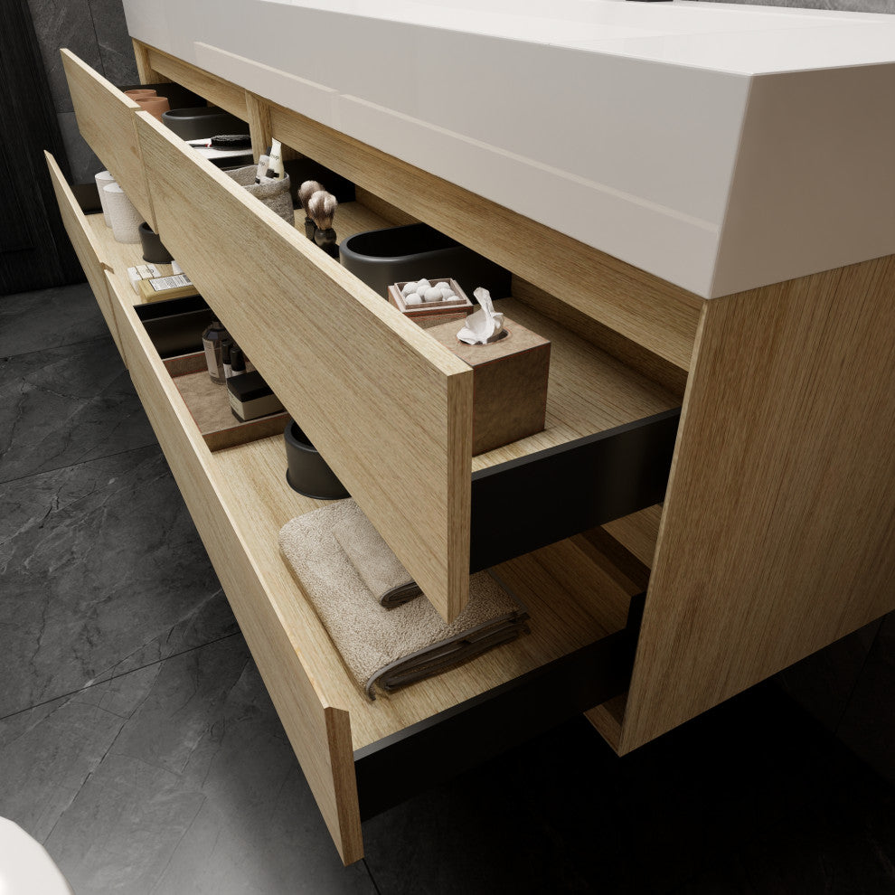 MAX 84" Double Floating Bath Vanity With Acrylic Sink, Coffee Wood, Coffee Wood