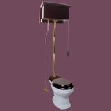 Dark Oak High Tank Pull Chain Toilet Elongated White China Bowl & Brass Z Pipe