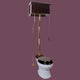 Dark Oak High Tank Pull Chain Toilet Elongated White China Bowl & Brass Z Pipe
