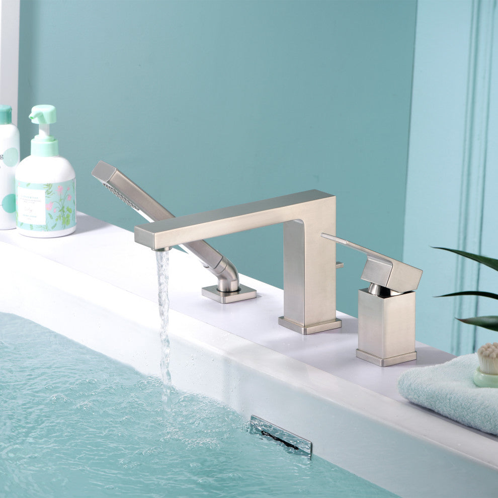 Luxier RTF17 Deck-Mount Roman Tub Faucet With Hand Shower, Brushed Nickel
