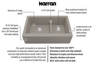Karran Farmhouse Quartz 34" Double Offset Bowl Sink Kit, Concrete