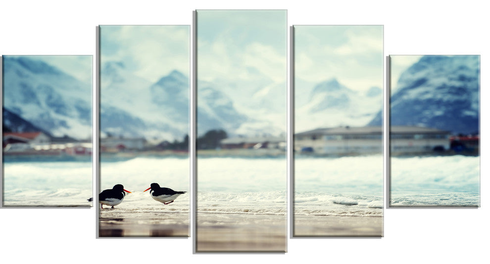 Birds and Mountain Peak, Seashore Wall Art on Canvas, 60"x32", 5 Panels