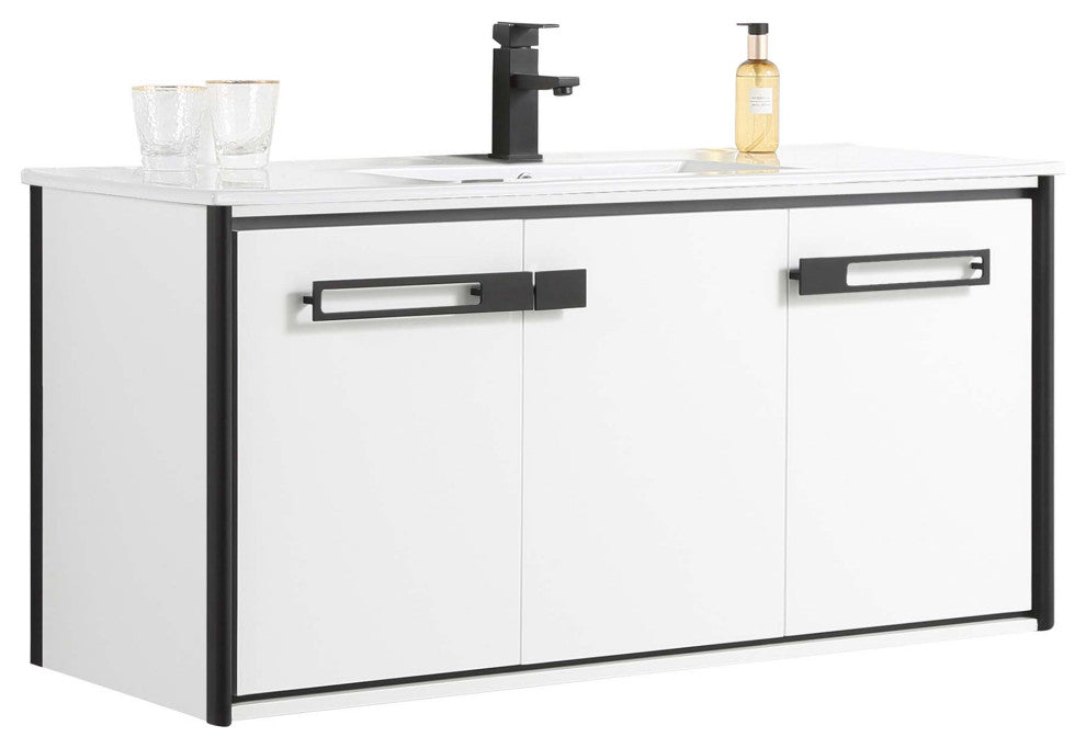 Oakville Wall Mount Bathroom Vanity, White Matte, 48", Black Hardware