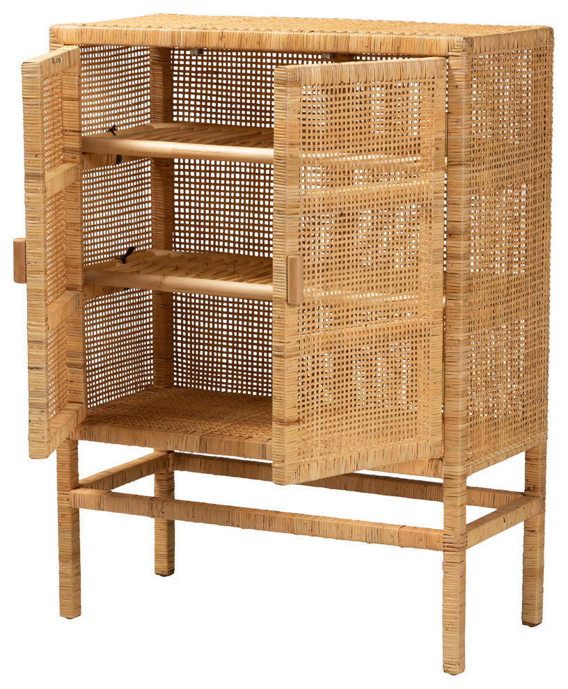 Vivan Bohemian Natural Brown Rattan and Mahogany Wood 3-Shelf Storage Cabinet