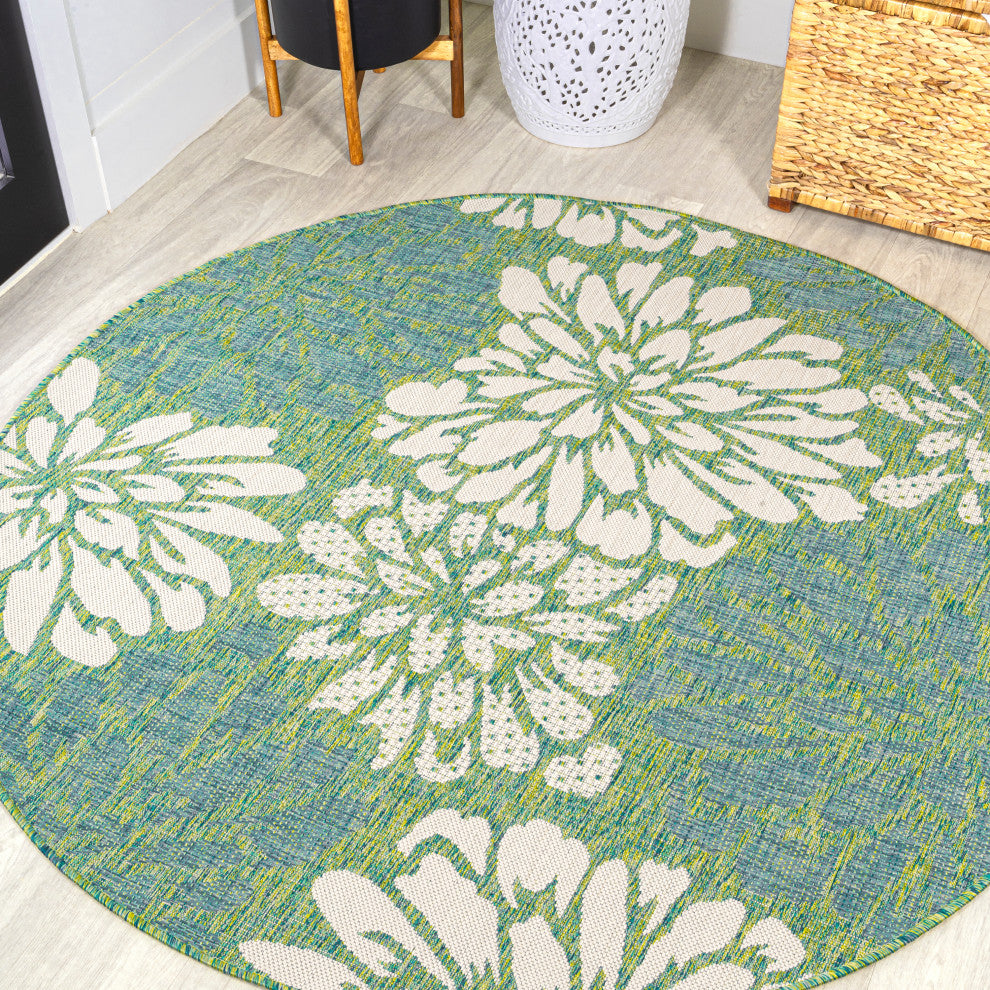 Zinnia Modern Floral Textured Weave Indoor/Outdoor, Cream/Green, 5' Round
