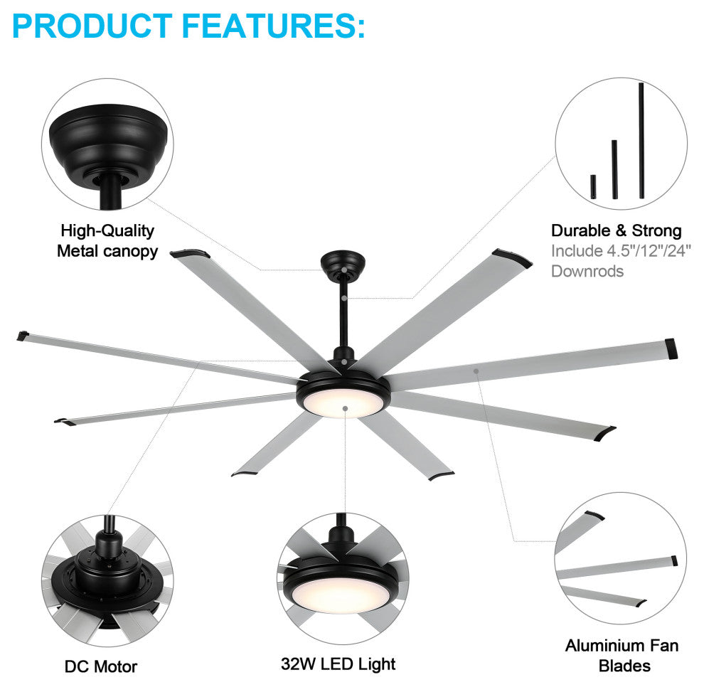 96" 8 Blades Indoor Ceiling Fan, Light Kit, Black and Nickel