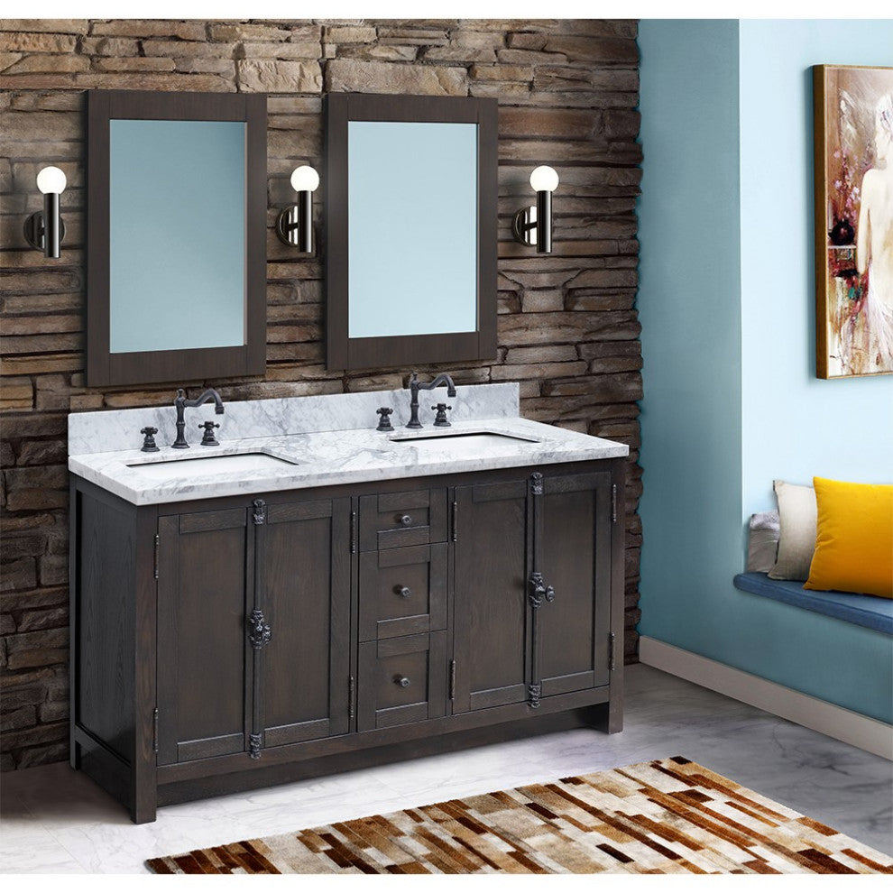 55" Double Vanity, Brown Ash Finish With White Carrara Top