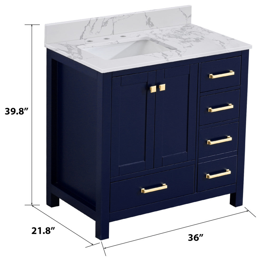 36" W Freestanding Bath Vanity, Navy Blue with Fish Belly Engineered Top