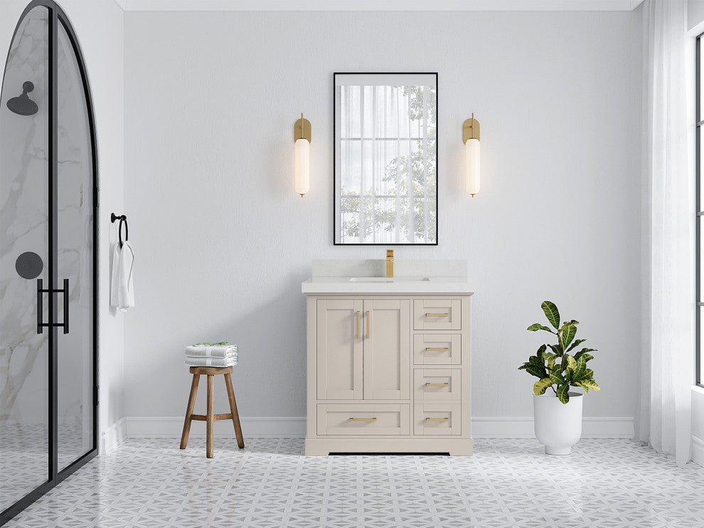 Boston 36" Center Sink Bath Vanity in Fine Grain 2" Carrara Quartz