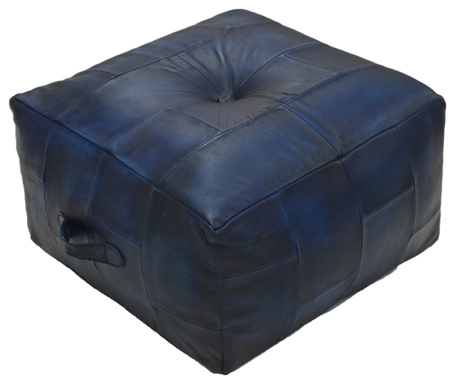 Geometric Handmade Leather Pouf (Recycled Foam with Fibre Fill) Black, [Square]21x21x12