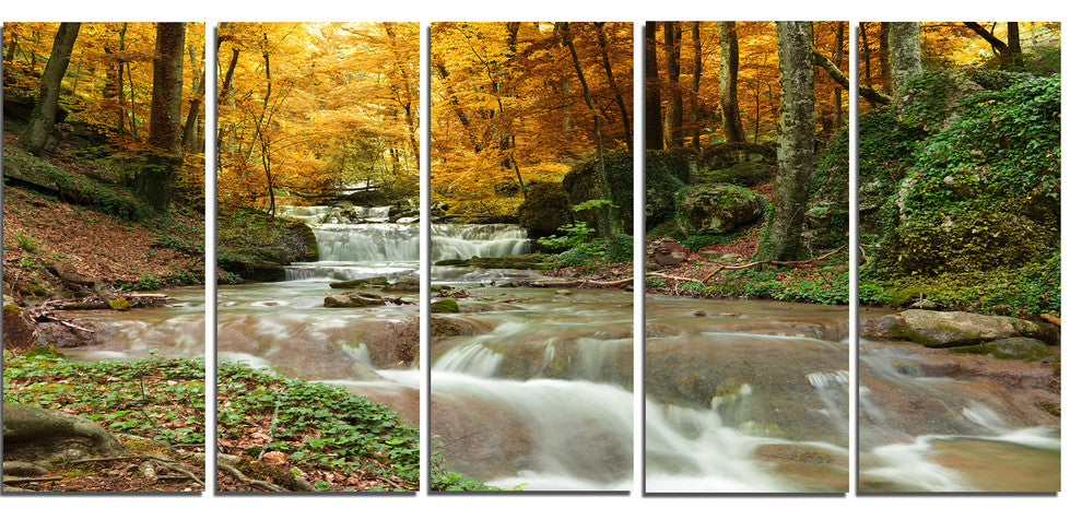 Forest Waterfall with Yellow Trees, Landscape Canvas Print, 60"x28", 5 Panels