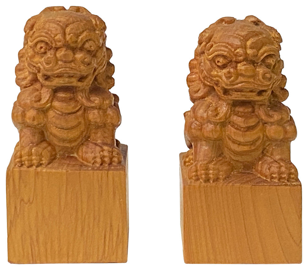 Chinese Pair Wood Carved Mini Foo Dogs Lions FengShui Figures Hws2382
