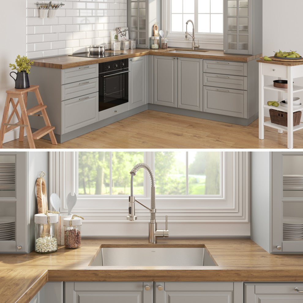 24" Undermount Stainless Steel Kitchen Sink, Pull-Down Faucet SS, Dispenser