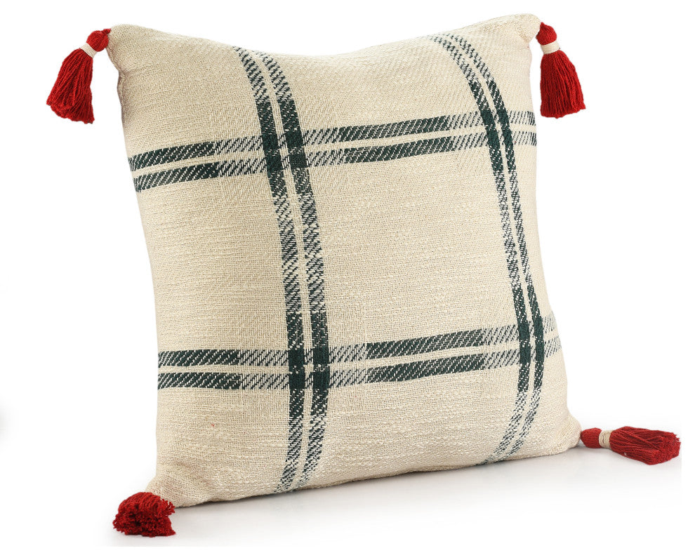 Ox Bay Handwoven Cream/Green Plaid Organic Cotton Pillow Cover, 20"x20"