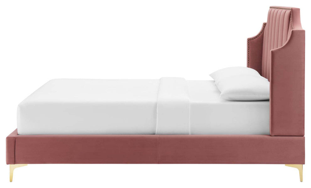 Platform Bed Frame, Queen Size, Velvet, Pink, Modern Contemporary, Bedroom
