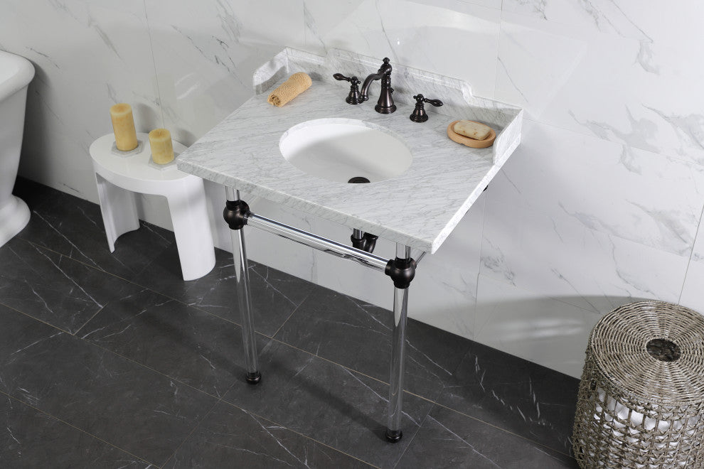 Kingston Brass LMS30MA5 30" Carrara Marble Console Sink, Acrylic Legs