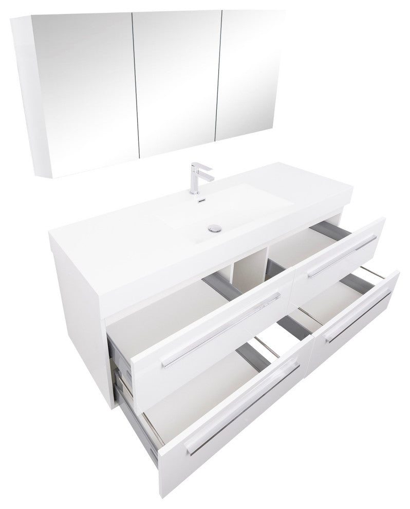 Aquamoon Maya Modern Bathroom Vanity Set, White, 59"