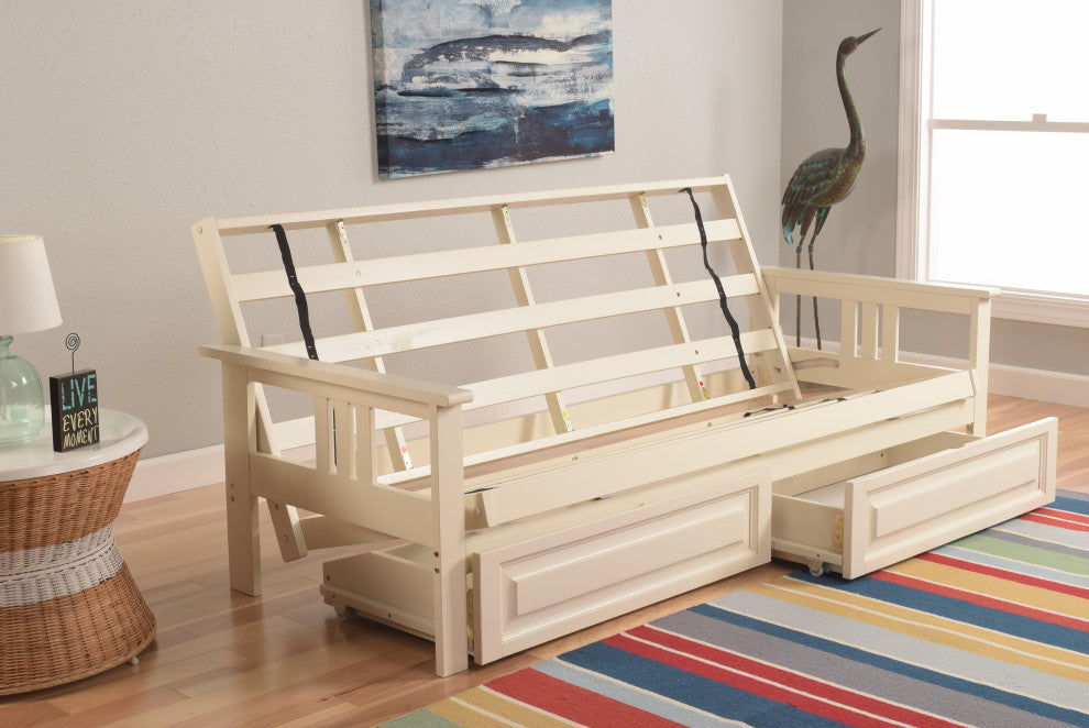 Caleb Frame Futon With Antique White Finish, Storage Drawers, Frame Only