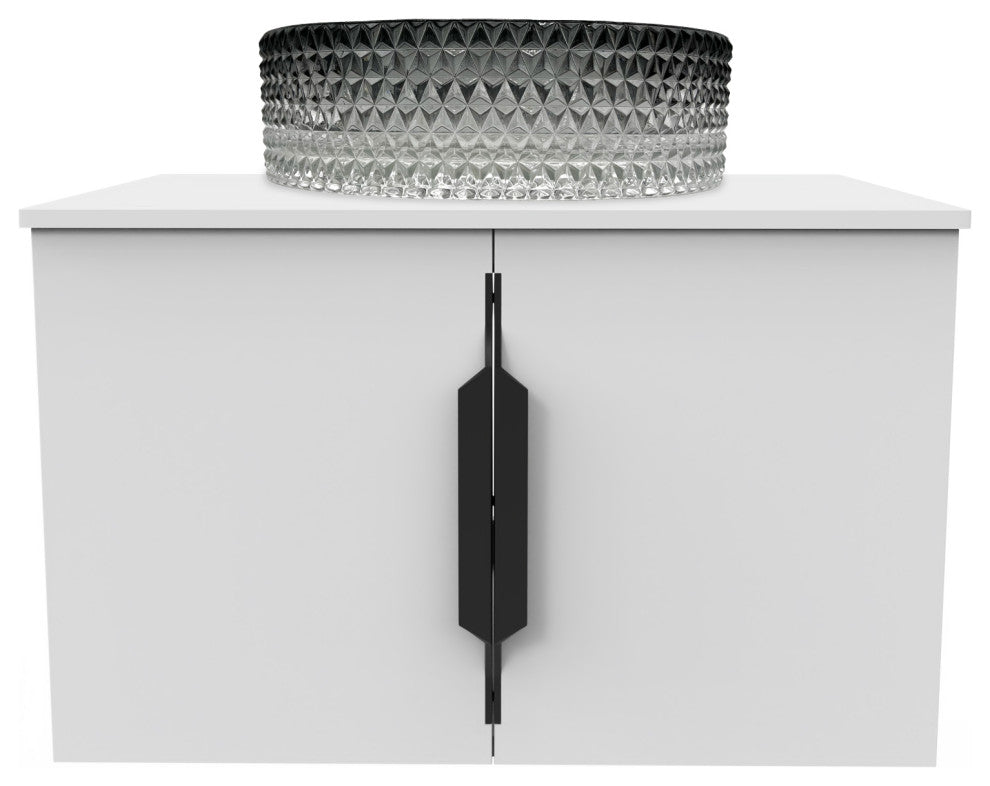 Wildsee Floating Vanity, Tempered Clear Glass Sink, Black Gradient, 24", White
