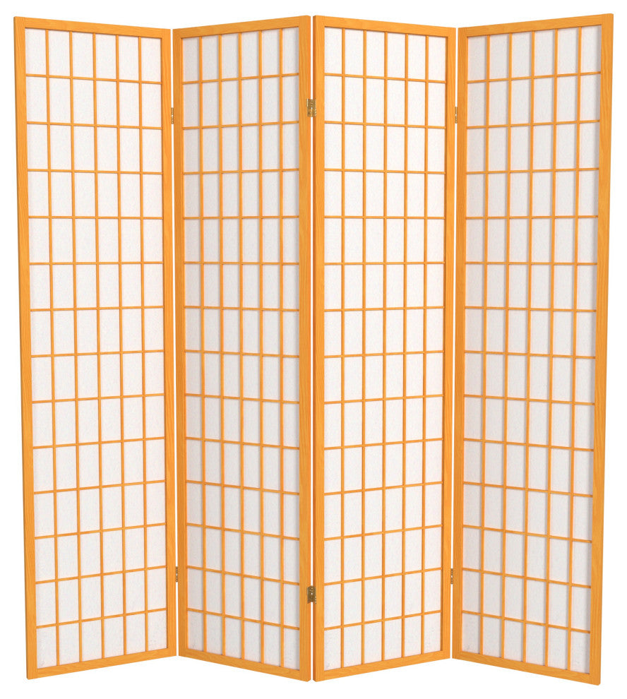 6' Tall Window Pane Shoji Screen, Honey, 4 Panels