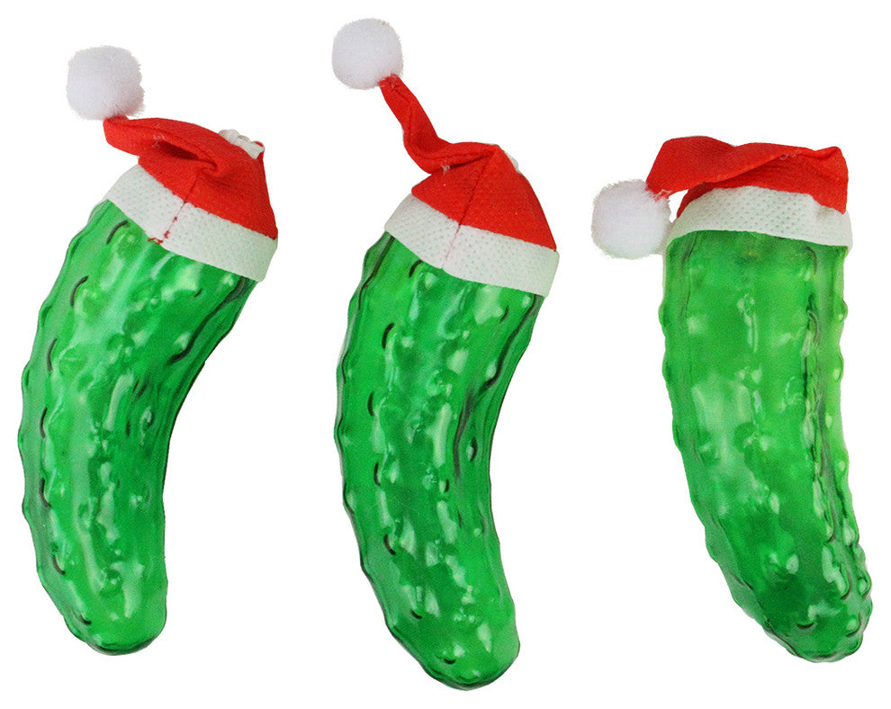 Set of 8 Musical LED Pickles With Santa Hats Battery Operated Lights, Cool White