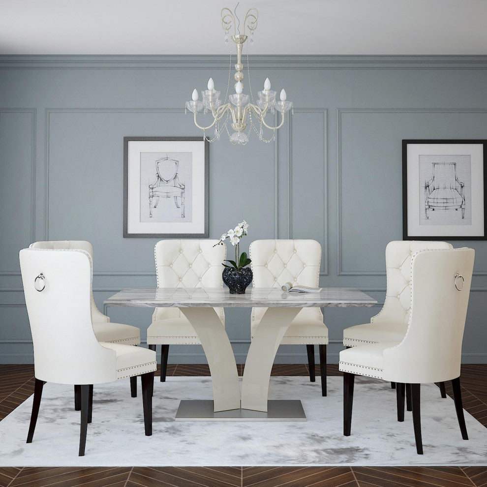 Contemporary Faux Marble, Stainless Steel Rectangular Dining Table, Light Gray