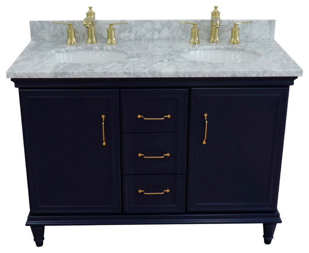49" Double Vanity, Blue Finish With White Carrara And Oval Sink