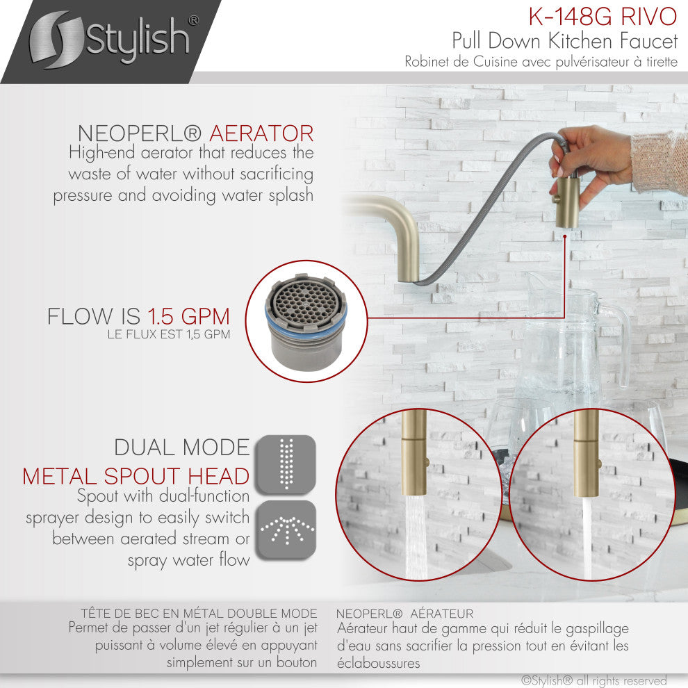 STYLISH Single Handle Pull-Down Dual Mode Kitchen Faucet Stainless Steel Golden